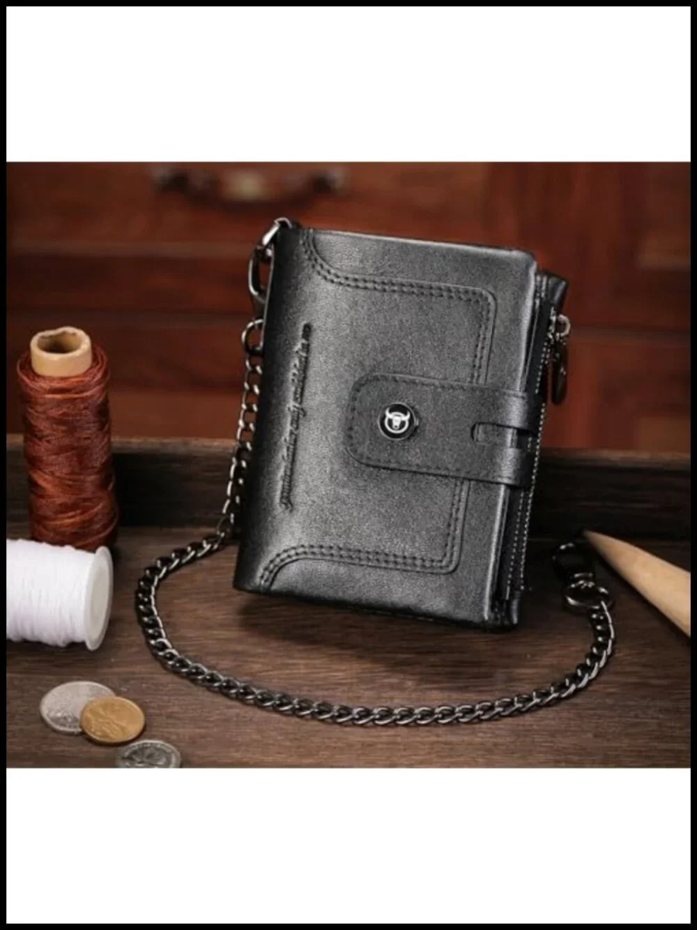Men's Genuine Leather Bifold Wallet with Chain RFID Blocking Removable Zipper